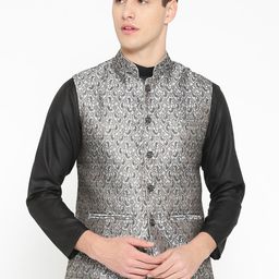 Badoliya & Sons Men Grey & Black Zari Woven Design Nehru Jacket-48