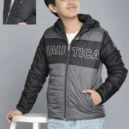 Nautica Boys Grey & Black Colourblocked Reversible Padded Jacket-image-27