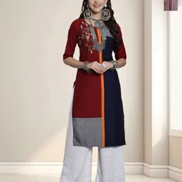 HERE&NOW Selection Of 2 Colourblocked Printed Round Neck Straight Kurtas-image-74