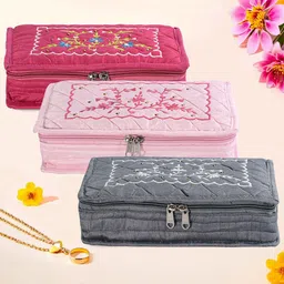 Kuber Industries Grey & Pink 3 Pieces Embroidery Jewellery Organisers-8