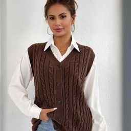 Blooming Tales Women Self Design Cable Knit V-Neck Sweater Vest-picture-24