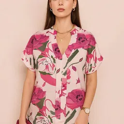 Mast & Harbour Women Floral Printed Mandarin Collar Shirt Style Top-picture-42