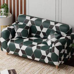 Aura Green & White Printed Polyester 1 Piece Sofa Cover With Arms-image-15