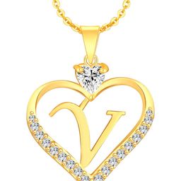Heer Collection Cubic Zircon Studded Heart Shape Alphabet 'V' Pendant With Chain-0