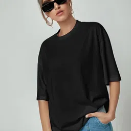 Mast & Harbour Women Solid Round Neck Cotton Oversized T-shirt-picture-0