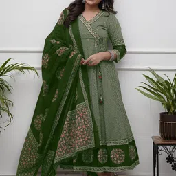 BE IN TEXO FAB Chevron Printed Angrakha Thread Work Kurta With Trousers & Dupatta-picture-14