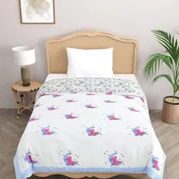 Gulaab Jaipur White & Blue Cartoon Characters 210 GSM Cotton Single Bed Quilt-image-97