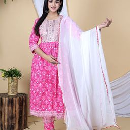 ELVISH JAIPUR Floral Embroidered Pure Cotton Anarkali Kurta With Palazzos & Dupatta-image-53