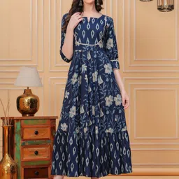 Da Vastraagaar Floral Printed Notch Neck Thread Work Cotton Maxi Gown Ethnic Dress-image-65