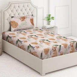 Aura Orange & Cream-Coloured Floral Printed 350 TC Single Bedsheet Set 2.15 m x 1.50 m-24