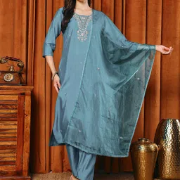 Meena Bazaar Ethnic Motifs Embroidered Round Neck Straight Kurta With Trousers & Dupatta-picture-33