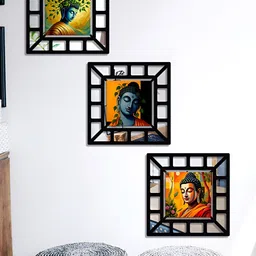 SEHAZ ARTWORKS Black & Yellow 3 Pieces Buddha Printed Wooden Wall Arts-picture-19