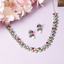 VIVAZS Silver-Plated Stone-Studded & Beaded Jewellery Set-image-23