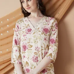 Melange by Lifestyle Floral Printed V-Neck Straight Kurta-image-50