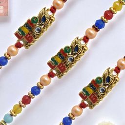 MEIRA JEWELLERY Set Of 3 Kundan Studded Rakhi With Roli Chawal & Greeting Card-image-52