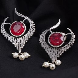 PUJVI Silver-Plated Artificial Stones Studded And Beaded Contemporary Shaped Drop Earrings-6