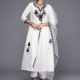 Indo Era Women Floral Embroidered Empire Thread Work Kurta with Trousers & With Dupatta-image-88
