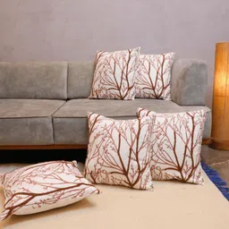 LUSHLYF White & Brown Set of 5 Floral Square Cushion Covers-15