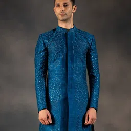 HILO DESIGN Embroidered Pure Silk Starlit Sherwani Set-image-22