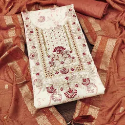 HERE&NOW Floral Printed Beads and Stones Modal Chanderi Unstitched Dress Material-picture-3