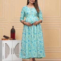 UrbanRang Printed Cotton Maternity Fit & Flare Midi Dress-image-27
