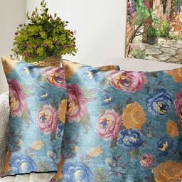 Blue Grass Blue & Yellow 2 Pieces Floral Velvet Square Cushion Covers-image-67