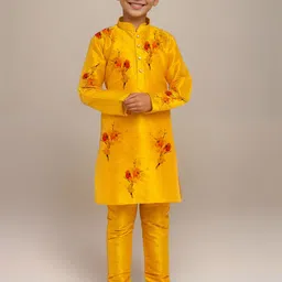 DEVOILER Boys Floral Printed Dupion Silk Straight Kurta with Churidar-63