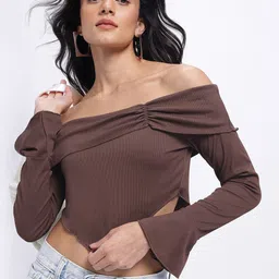 glitchez Rosy Ruching Ribbed Off-Shoulder Bell Sleeves Asymmetric Crop Bardot Top-image-53