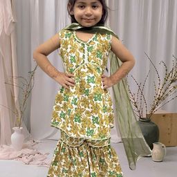 Cutiekins Girls Floral Printed Regular Gotta Patti A-Line Kurta with Sharara & Dupatta-picture-0