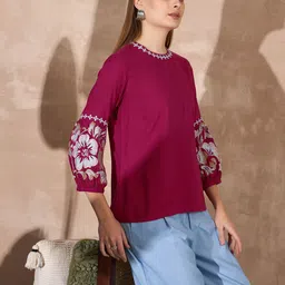 all about you Floral Embroidered Mandarin Collar Bishop Sleeves Empire Top-image-92
