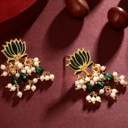 Stefan Gold-Plated Pearls Beaded Meenakari Lotus Shaped Drop Earrings-picture-44