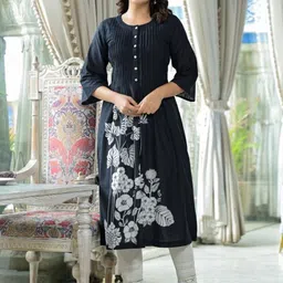 Juniper Floral Printed Round Neck Cotton Pleated A-Line Kurta-picture-25