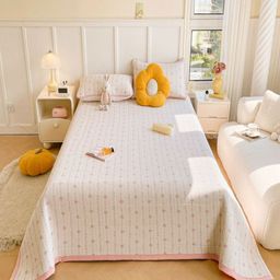 JC HOME White & Pink Floral Printed Double Queen Bed Cover With 2 Pillow Covers-image-76