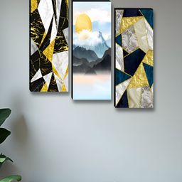 SAF Blue & White 3 Pieces Abstract Synthetic Wood Wall Paintings-image-87