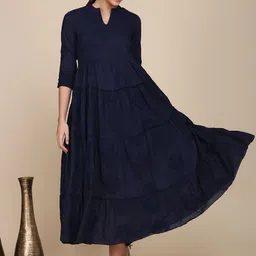 HRITIKA Floral Embroidered Mandarin Collar Fit and Flare Cotton Dress-image-18