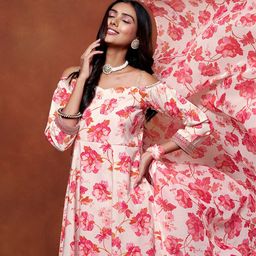 Sangria Floral Printed Off Shoulder Anarkali Kurta With Trousers And Dupatta-picture-22