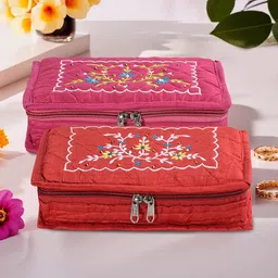 Kuber Industries Pink & Red 2 Pieces Floral Embroidered Jewellery Organisers-14