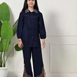 Bella Moda Girls Embroidered Pure Cotton Shirt With Trousers-image-57