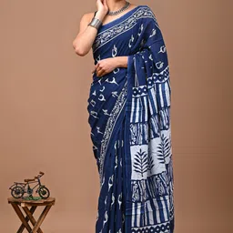 Crafts Moda Ethnic Motifs Pure Cotton Block Print Saree With Unstitched Blouse Piece-13