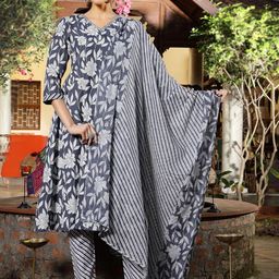 Stylum Floral Printed V-Neck Panelled Pure Cotton A-Line Kurta With Trouser & Dupatta-picture-26