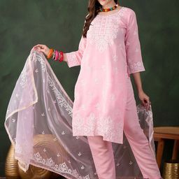Maroosh Floral Embroidered Round Neck Straight Kurta With Trousers & Dupatta-image-80