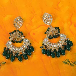 TANAIRA Gold Plated Kundan Studded & Beads Beded Contemporary Drop Earrings-image-20