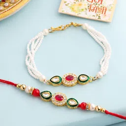 Anouk Set of 2 Kundan Studded Bhaiya Bhabhi Rakhi with Roli Chawal Chandan & Mishri-44