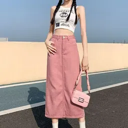 StyleCast A-Line Midi Denim Skirt-image-74