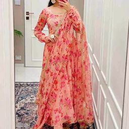 Daeneyrys Floral Printed Round Neck Anarkali Kurta With Trousers & Dupatta-image-95