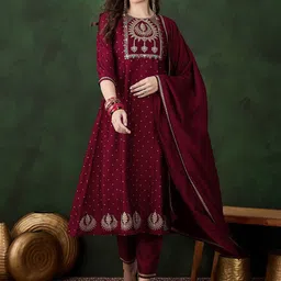 Sangria Maroon Floral Embroidered Zari A-Line Kurta With Trousers & Dupatta-image-33