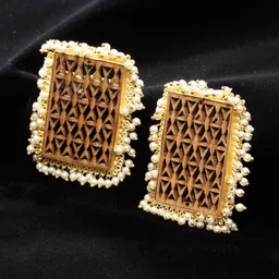 DressBerry Gold Plated Contemporary Pearl Studded Drop Earrings-image-57