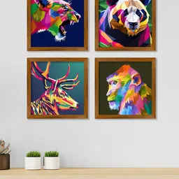 ArtVibes Blue & Pink 4 Pieces Printed Wooden Paintings Wall Art-26