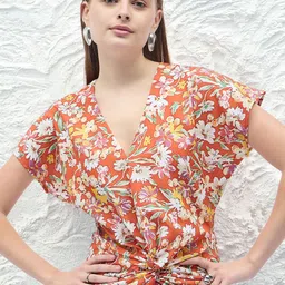 ANJIR Floral Printed Batwing Sleeves Twisted Crepe Cinched Waist Top-picture-3