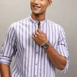 HIGHLANDER Men Band Collar Vertical Striped Cotton Casual Shirt-picture-17